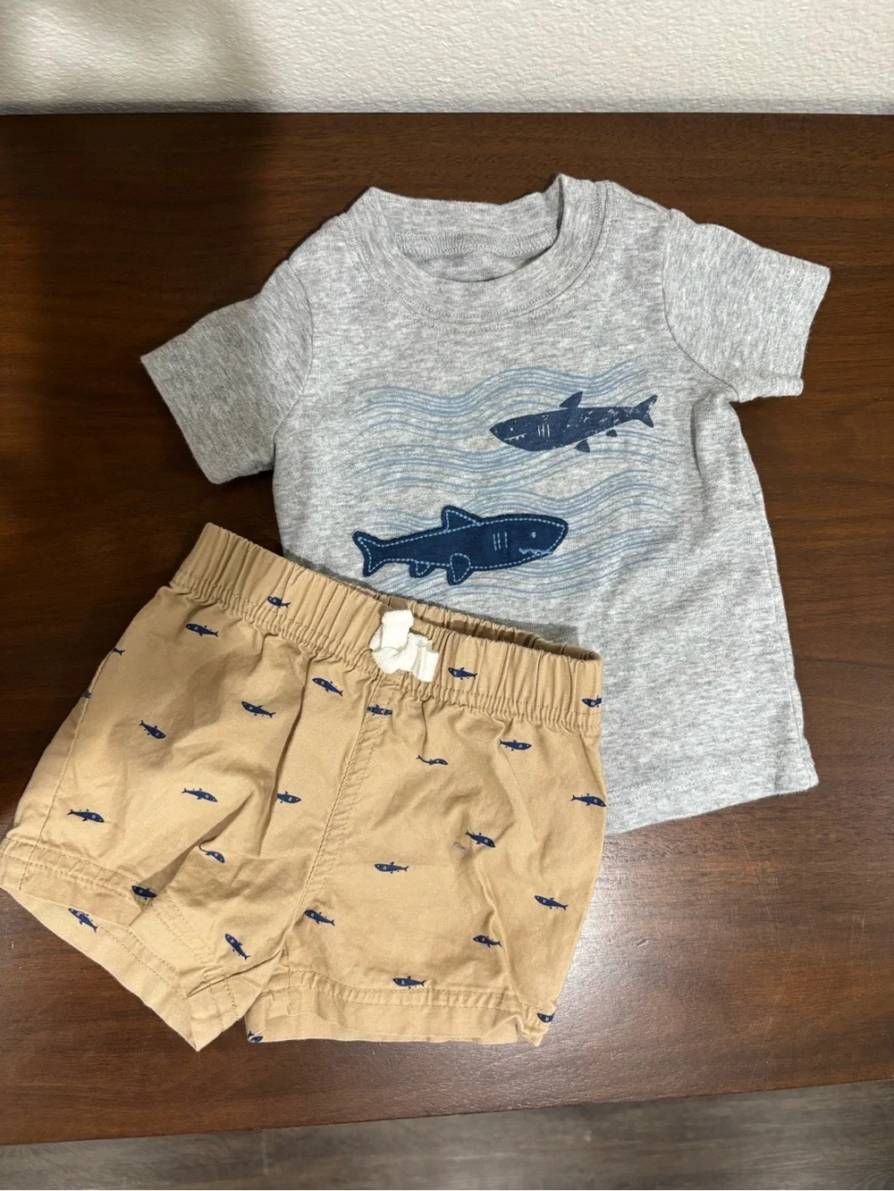 Carter's Gray Tee with Blue Shark Graphic and Tan Shark Print Shorts